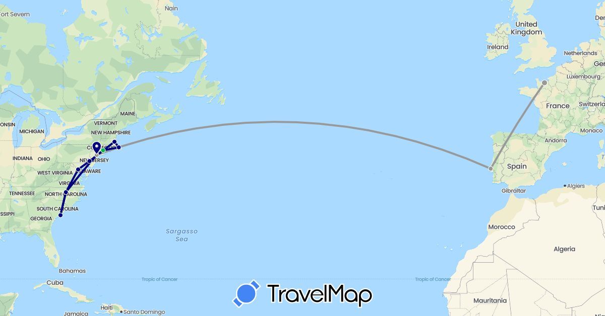 TravelMap itinerary: driving, bus, plane in France, Portugal, United States (Europe, North America)